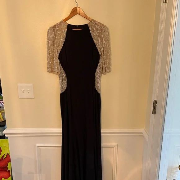 Xscape Black gown with Silver beaded sleeves - Picture 1 of 4